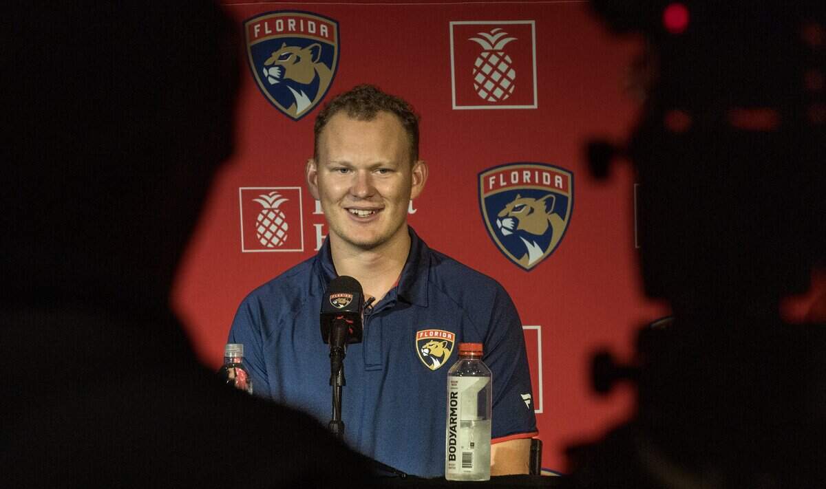 Florida Panthers new forward Brady Tkachuk, speaks, during a press conference with Bill Zito, President of Hockey Operations & General Manager, at the War Memorial Auditorium in Fort Lauderdale, on Tuesday June 23, 2026.