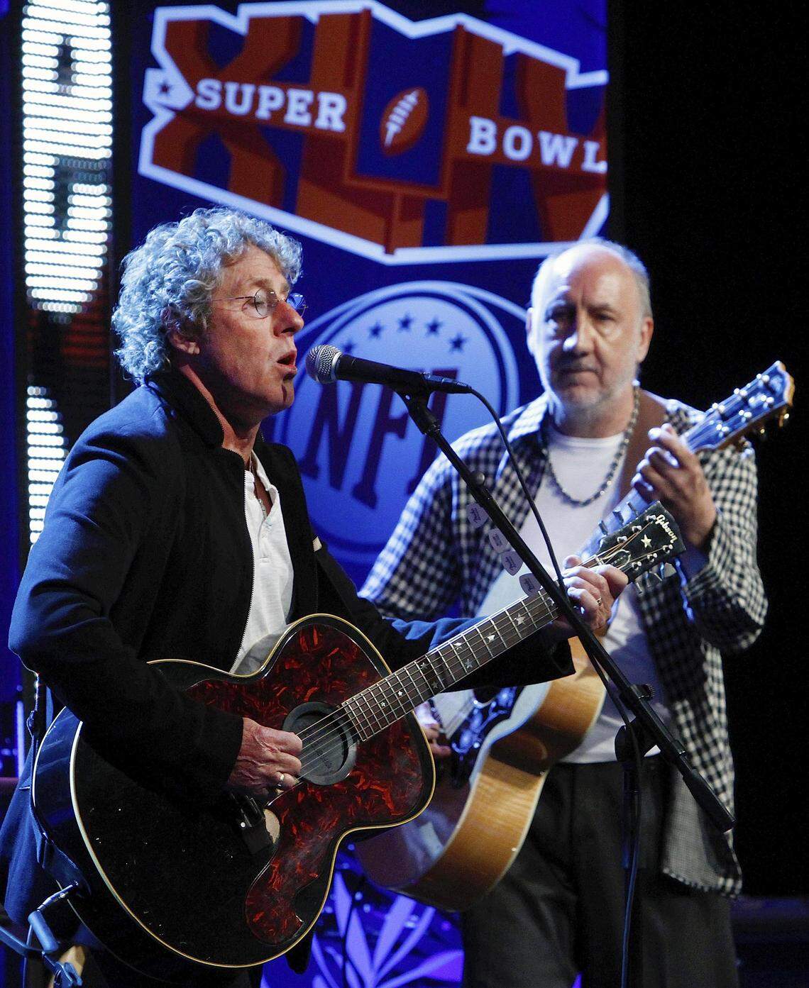 Roger Daltrey, left and Pete Townshend of The Who perform during a press conference at the Super Bowl XLIV media center, Thursday, Feb. 4, 2010 in Fort Lauderdale , Florida. The band performed during halftime at the Super Bowl football game.