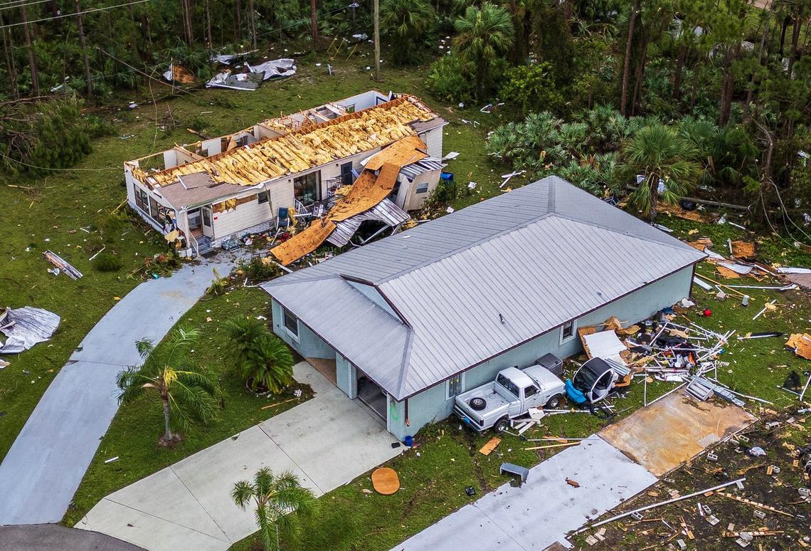 Aerial view of the destruction caused by a pair of tornadoes that tore through the Spanish Lakes Country Club Village neighborhood in St. Lucie County, Friday, Oct. 11, 2024. The tornadoes, spawned by Hurricane Milton, killed six people in Spanish Lakes.