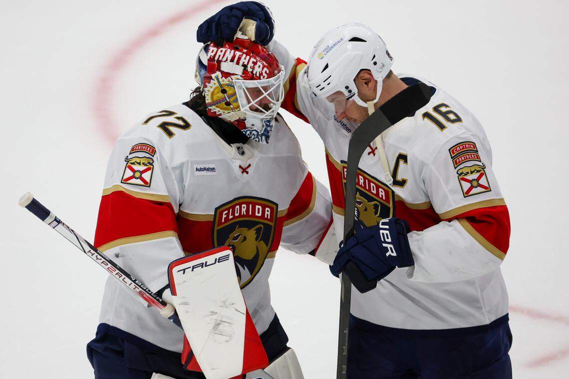 Florida Panthers center Aleksander Barkov (16) congratulates goaltender Sergei Bobrovsky (72) after their 6-2 win against the Tampa Bay Lightning in game one of the first round of the Stanley Cup Playoffs on Tuesday, April 22, 2025 in Tampa.