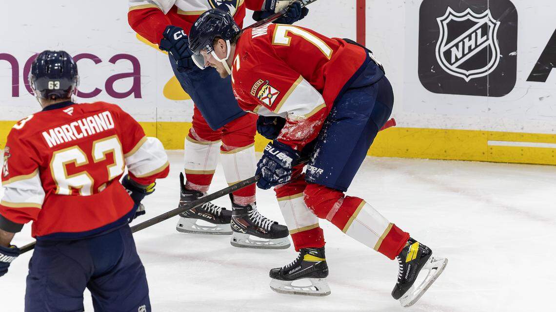 Florida Panthers defenseman Niko Mikkola (77) skates off the ice after suffering an injury during the third period of Game 3 in the Eastern Conference Final against the Carolina Hurricanes, Saturday, May 24, 2025, at Amerant Bank Arena in Sunrise, Fla.