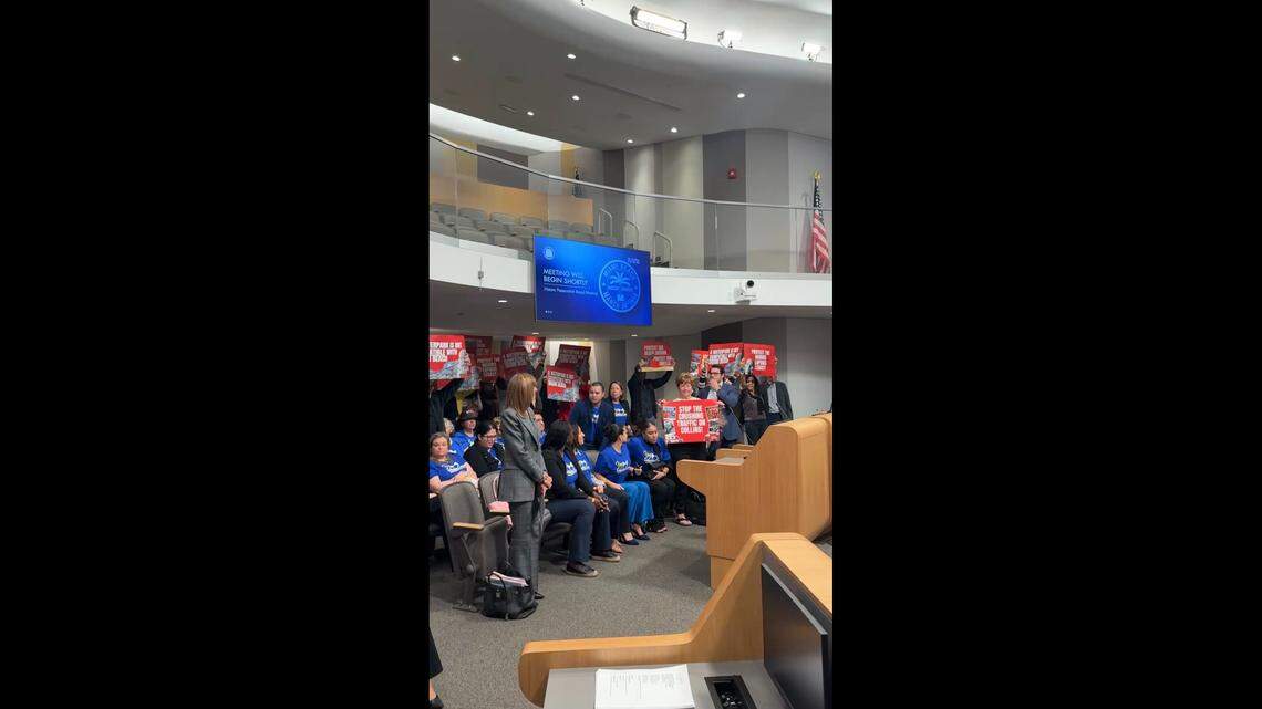 The chambers were packed at Miami Beach City Hall for a meeting of the Historic Preservation Board on Tuesday, Feb. 10, 2026. A proposal to add water slides to the Fontainebleau pool deck was deferred.