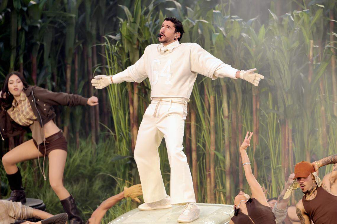 Bad Bunny performs onstage during the Apple Music Super Bowl LX Halftime Show at Levi's Stadium on Feb. 8, 2026 in Santa Clara, California.