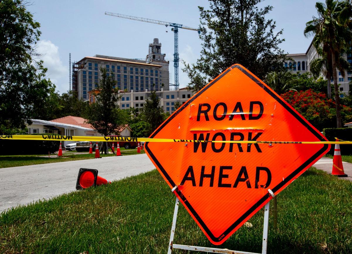 A view looking West down Palermo Avenue toward the construction at The Plaza Coral Gables mixed-use project in Coral Gables, Florida, on Sunday, August 22, 2021. New construction helped raise property values across Miami-Dade.
