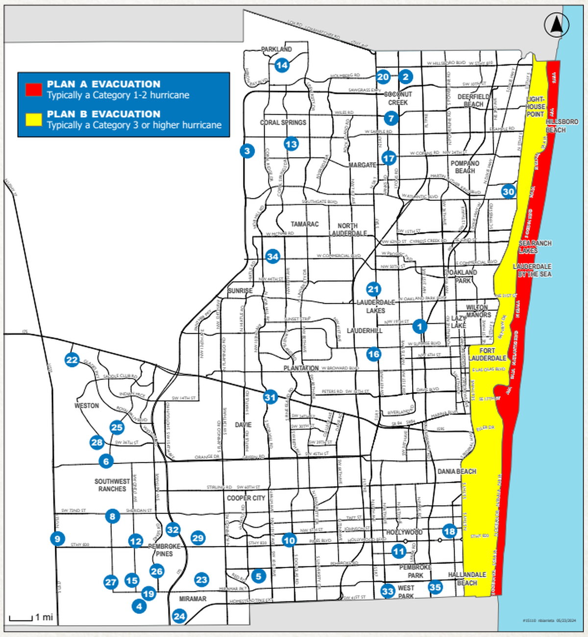 Broward County’s hurricane evacuation zones are split into two plans, shown in red for Plan A and yellow for Plan B. Photo taken from the Broward County site on May 27, 2026.