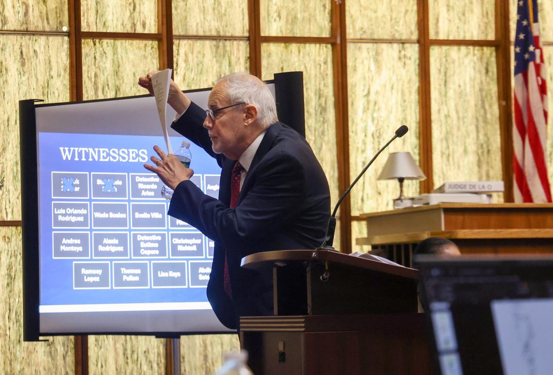 Jose Quiñon, left, gives the defense’s closing argument during the Frank Artlies trial in Courtroom 4-1 at the Richard E. Gerstein Justice Building on Monday, September 30, 2024, in Miami, Florida.