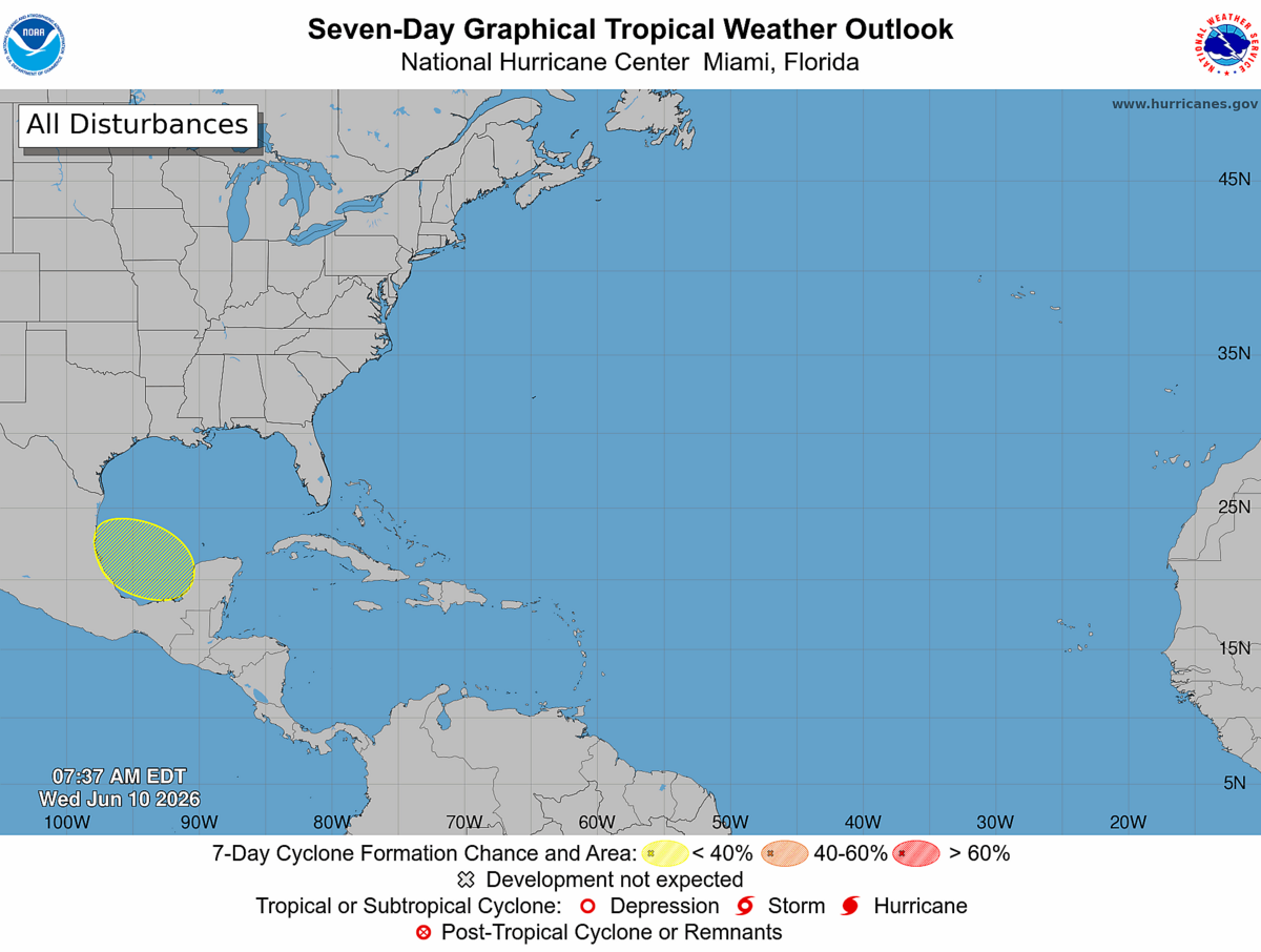 National Hurricane Center’s map of the tropics on June 10, 2026.