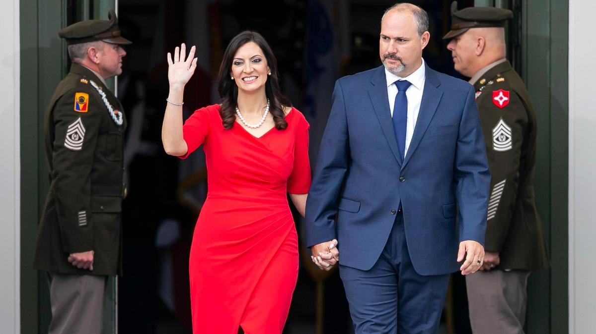 Lieutenant Governor Jeanette Núñez, with her husband, Adrian Núñez, waves to the crowd during an inauguration ceremony at the historic Florida Capitol on Tuesday, January 3, 2023, in Tallahassee, Fla.