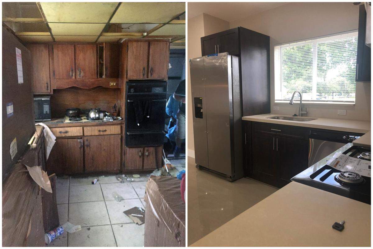Before and after photos of a kitchen inside a home in Hollywood, Florida, renovated by We Buy Ugly Houses.