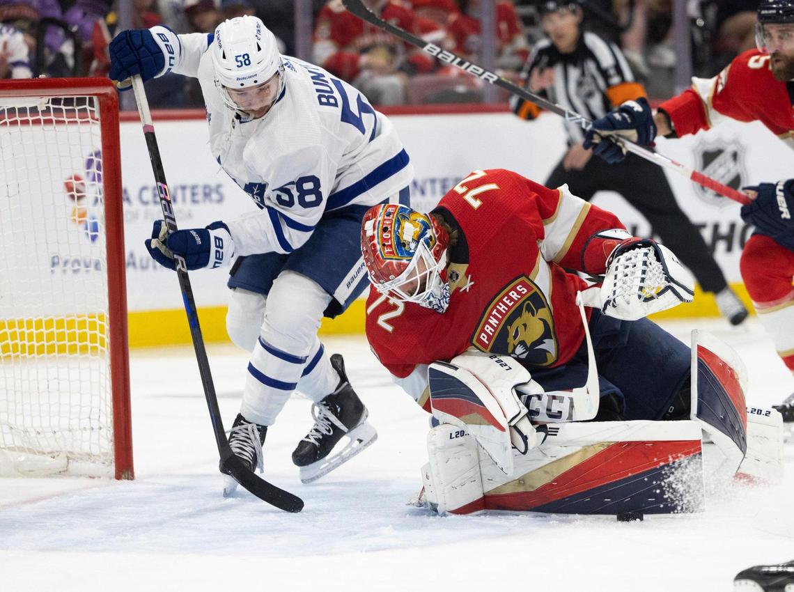 Florida Panthers goaltender Sergei Bobrovsky (72) blocks a shot on goal during the first period of series 2 of the Stanley Cup Playoffs Game 3 on Sunday, May 7, 2023, at FLA Live Arena.