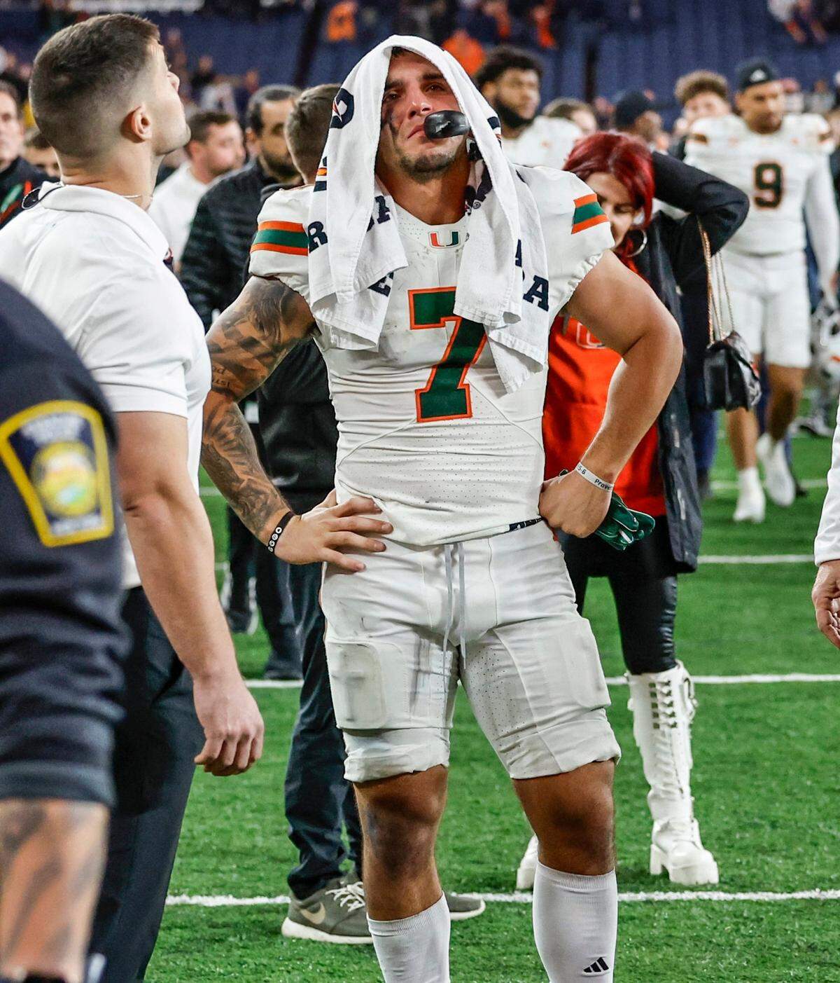 Miami Hurricanes wide receiver Xavier Restrepo (7) reacts after Syracuse Orange defeats the Canes 38-42 in their NCAA football game in the JMA Wireless Dome at Syracuse University, Syracuse, New York on Saturday, November 30, 2024.