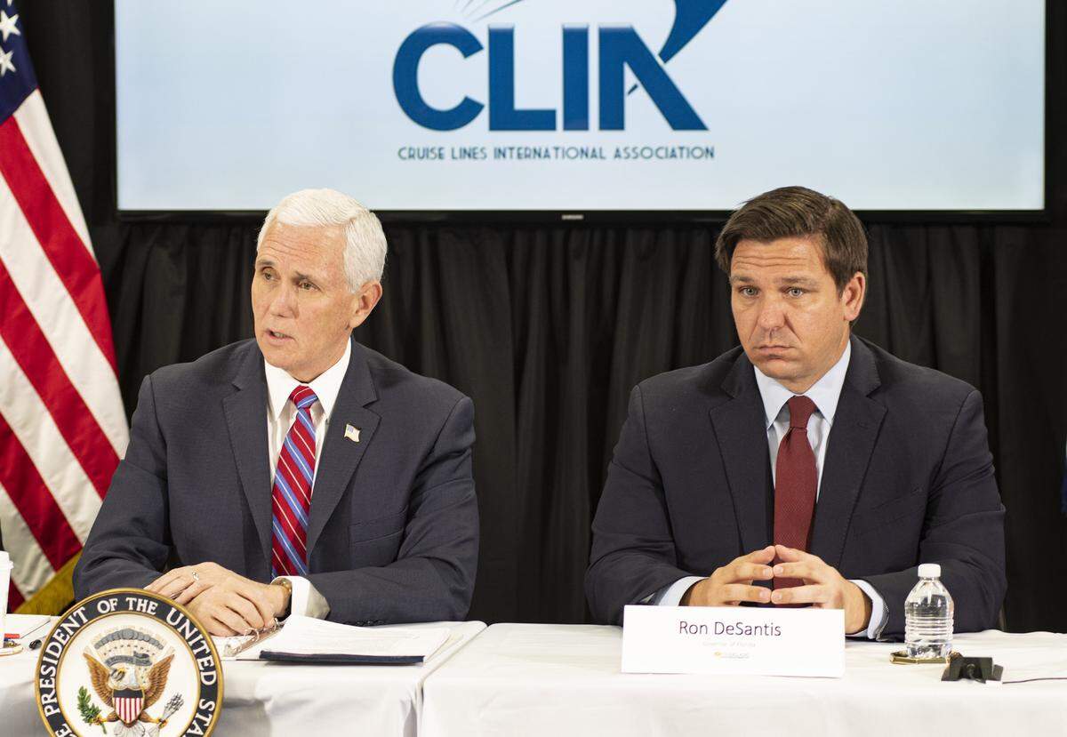 Vice President Mike Pence and Florida Gov. Ron DeSantis meet with cruise leaders to discuss the efforts to fight the spread of the COVID-19 coronavirus at Port Everglades.