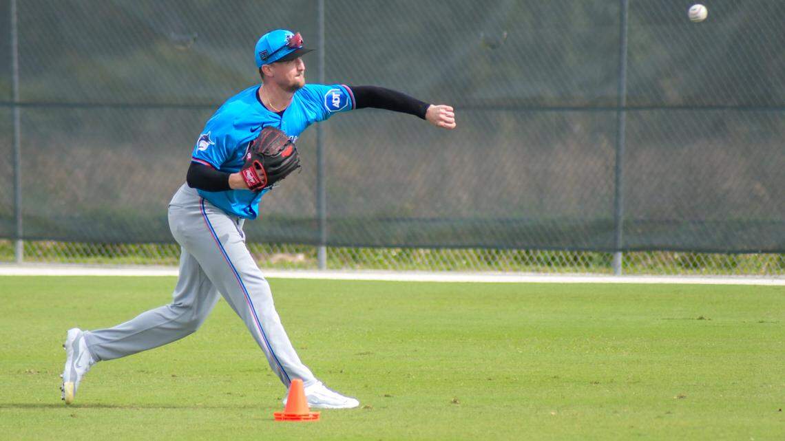 Miami Marlins left-handed pitcher Braxton Garrett throws off to the side during a spring training workout at the Roger Dean Chevrolet Stadium complex in Jupiter, Florida, on Friday, Feb. 16, 2024.