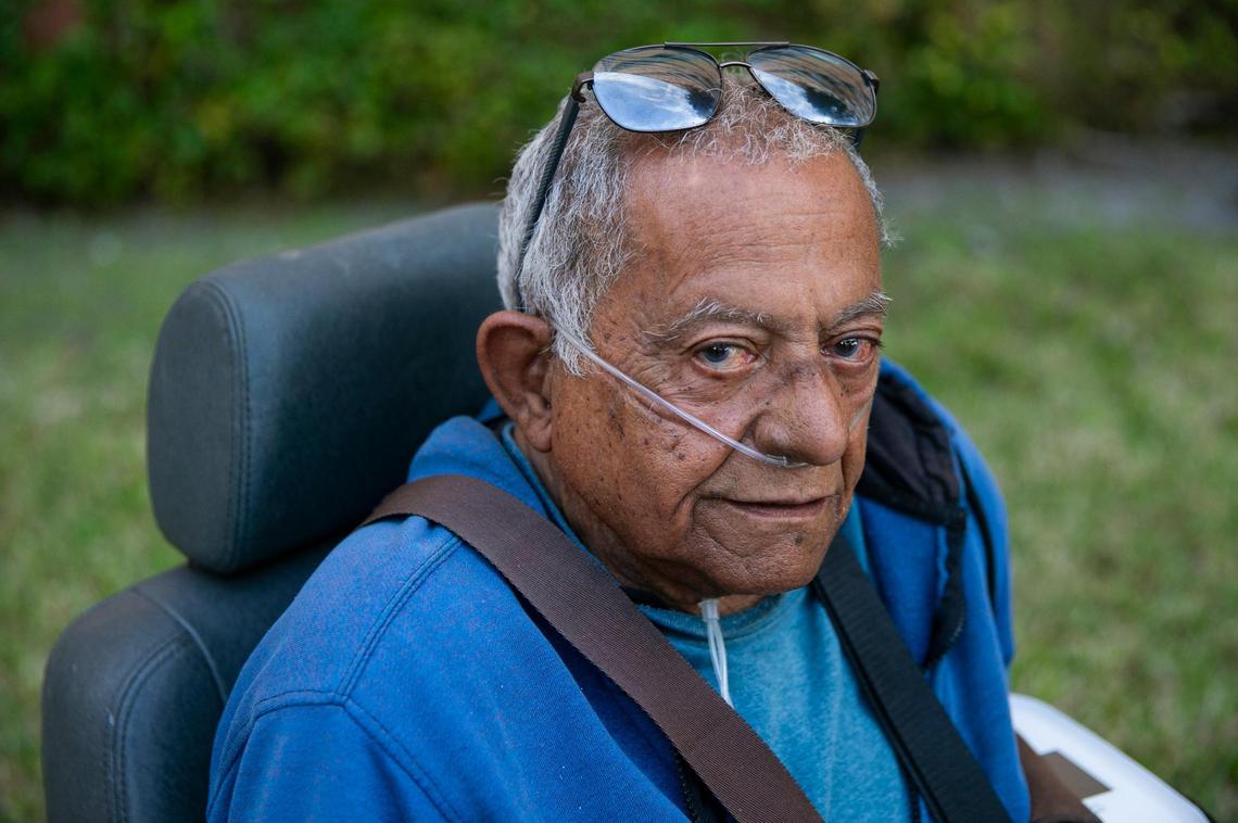 Juan Salazar, 77, outside of his apartment home in Little Havana, Florida on Saturday, February 5, 2022. Salazar explained his party affiliation was changed from Democrat to Republican without his permission.