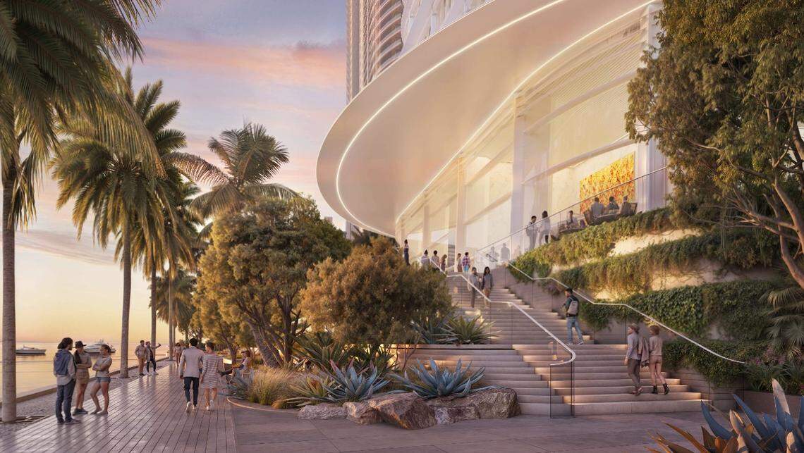 Foster + Partners artistic rendering filed to Miami-Dade County in August 2024 of the design of Ken Griffin’s proposed Citadel 54 story tower at 1201 Brickell Bay Dr. This is a view of the Baywalk looking south from the site plan.