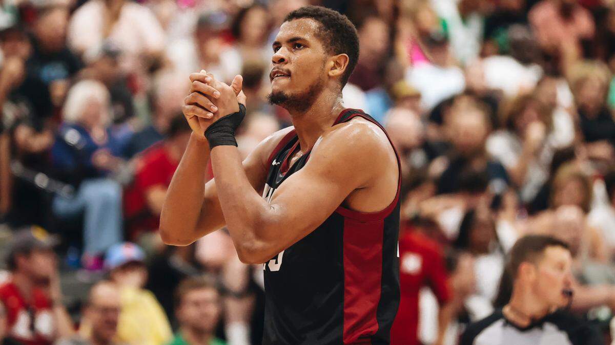 Miami Heat center Orlando Robinson gets fired up during an NBA Summer League basketball game against the Boston Celtics, Saturday, July 8, 2023, in Las Vegas.