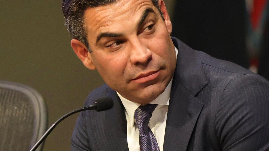 Miami Mayor Francis Suarez appears at a special commission meeting regarding the city’s budget at Miami City Hall on Monday, December 11, 2023.