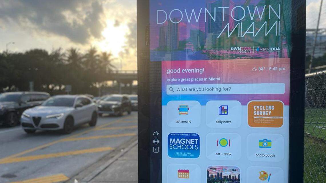 An interactive kiosk on Southwest Eighth Street, near Interstate 95, is one of dozens installed across Miami.