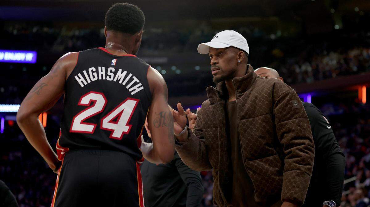 Miami Heat injured forward Jimmy Butler (22) talks to forward Haywood Highsmith (24) during the second quarter of game two of the 2023 NBA Eastern Conference semifinal playoffs against the New York Knicks at Madison Square Garden.