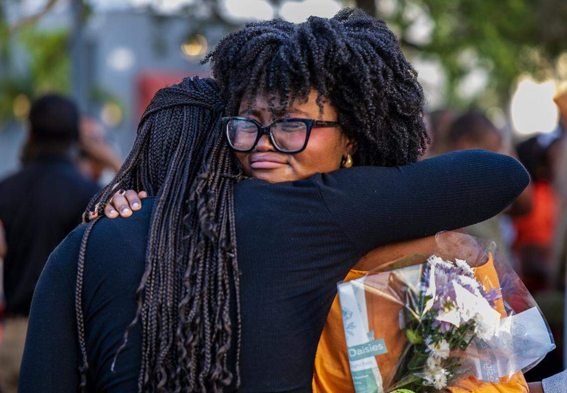 Nissie Cadette gets emotional after she spoke about her mentor the Coral Springs Vice Mayor Nancy Metayer Bowen, during a candlelight vigil celebrating her life, at the Coral Springs City Hall. Two days after she was found dead in her home on Wednesday, April 1, on Friday, April 03, 2026.