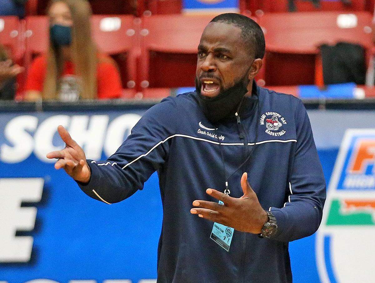Miami Country Day coach Ochiel Swaby as they play Cardinal Mooney in the FHSAA 3A Girl’’s Basketball Finals in Lakeland, Florida, Friday, March 5, 2021.