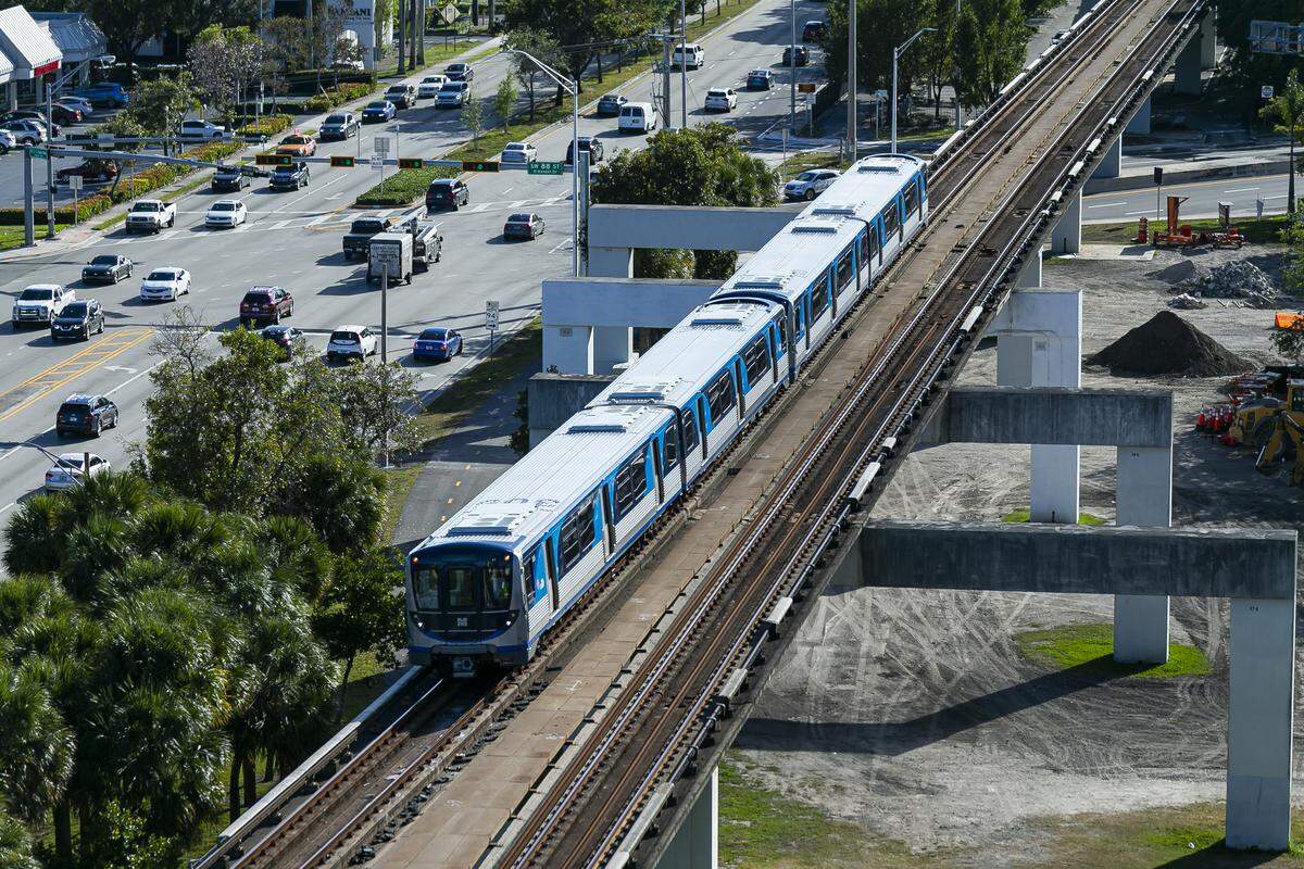 The Metrorail makes its way past Dadeland Mall in Miami.