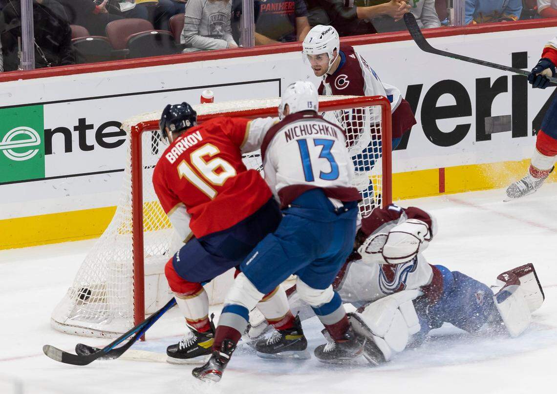 Florida Panthers center Aleksander Barkov (16) scores a goal against Colorado Avalanche goaltender Alexandar Georgiev (40) during the third period of an NHL game at the FLA Live Arena on Saturday, Feb. 11, 2023, in Sunrise, Fla.