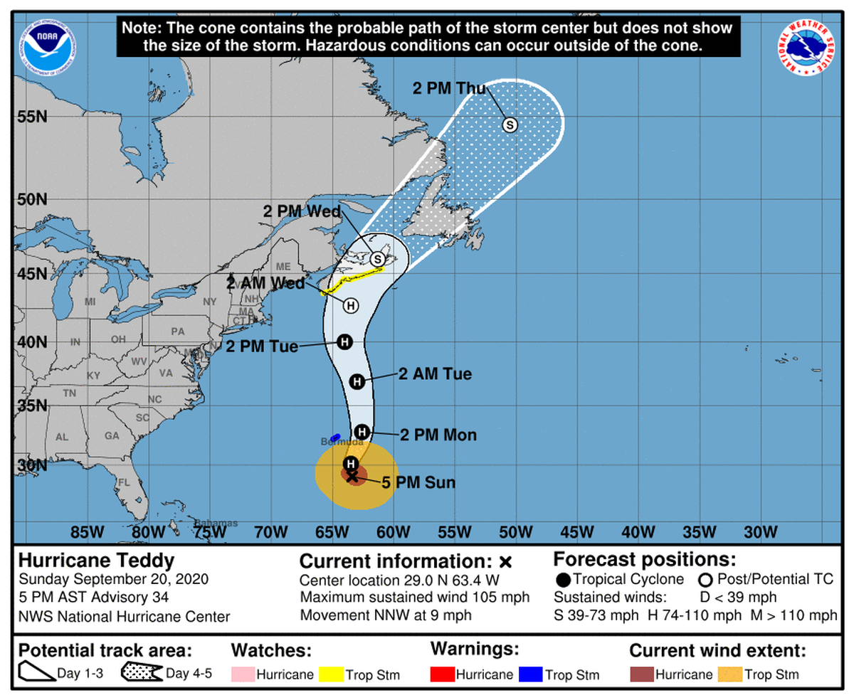 Hurricane Teddy at 5 p.m. Sunday, Sept. 20, 2020.