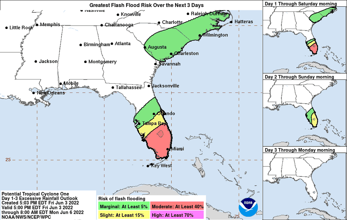 South Florida has a moderate risk (about a 40% chance) of flash flooding Friday through Saturday morning, according to the hurricane center.