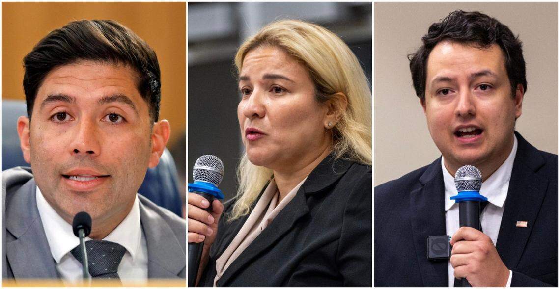 Left to right: Miami-Dade District 11 Commissioner Roberto Gonzalez, candidate Claudia Rainville and candidate Bryan Paz-Hernandez faced off in a County Commission election on Tuesday. Gonzalez was elected to full four-year term.