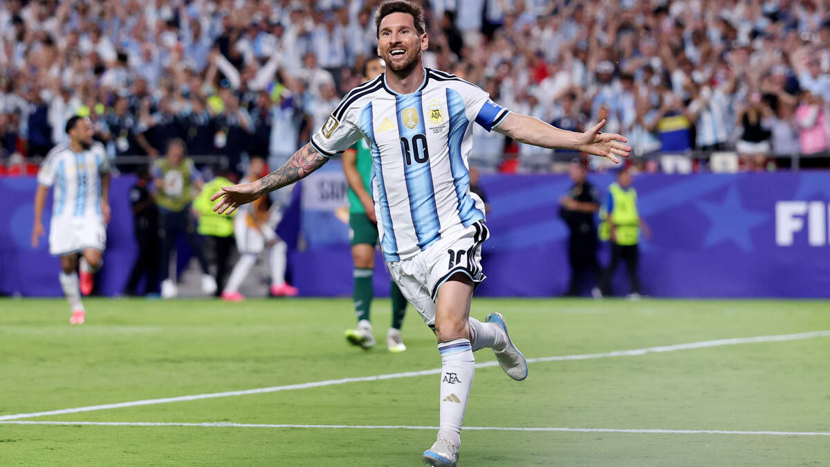 KANSAS CITY, MISSOURI - JUNE 16: Lionel Messi #10 of Argentina celebrates scoring his team's second goal during the FIFA World Cup 2026 Group J match between Argentina and Algeria at Kansas City Stadium on June 16, 2026 in Kansas City, Missouri. (Photo by Michael Steele/Getty Images)