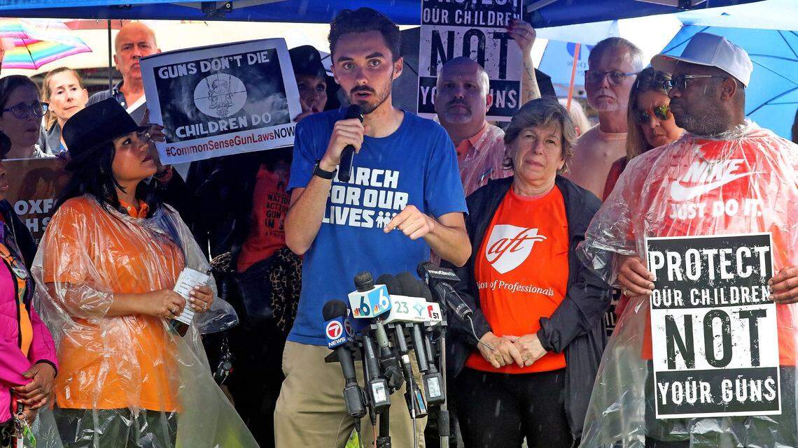 David Hogg, a survivor of the 2018 Marjory Stoneman Douglas High School mass shooting, speaks at a Friday, June 3, 2022, gun-safety legislation rally outside U.S. Sen. Marco Rubio’s Miami office.