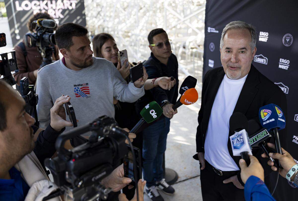 Inter Miami managing owner Jorge Mas talks with the press as his team participates in a practice at the Florida Blue Training Center on Saturday, Jan. 17, 2026, in Fort Lauderdale, Fla.