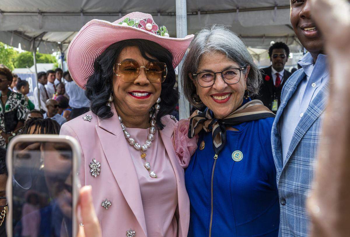 Miami-Dade Mayor Daniella Levine Cava (far right) joined U.S. Rep. Frederica Wilson as she announced that she will not be seeking re-election in the midterm election, during a street naming event next to the Dr. Frederica S. Wilson/Skyway Elementary School in Miami Gardens, in recognition of her decades of service to South Florida, on Friday, May 29, 2026.