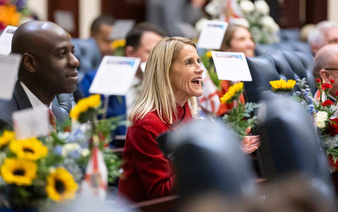 Florida State Rep. Vicki Lopez, R-Miami, reacts during the first day of the legislative session at the Florida State Capitol on Tuesday, March 4, 2025, in Tallahassee, Fla.