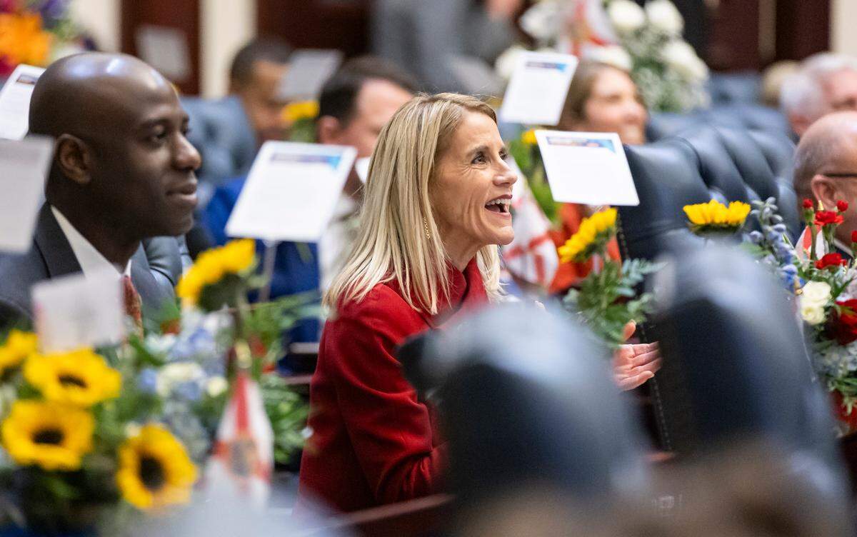 Florida State Rep. Vicki Lopez, R-Miami, reacts during the first day of the legislative session at the Florida State Capitol on Tuesday, March 4, 2025, in Tallahassee, Fla.