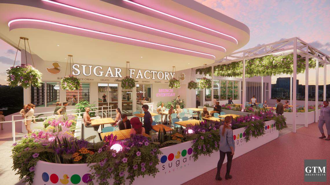 This rendering shows the outdoor space of the planned Sugar Factory restaurant coming to the Firestone Garage property in Miami Beach.