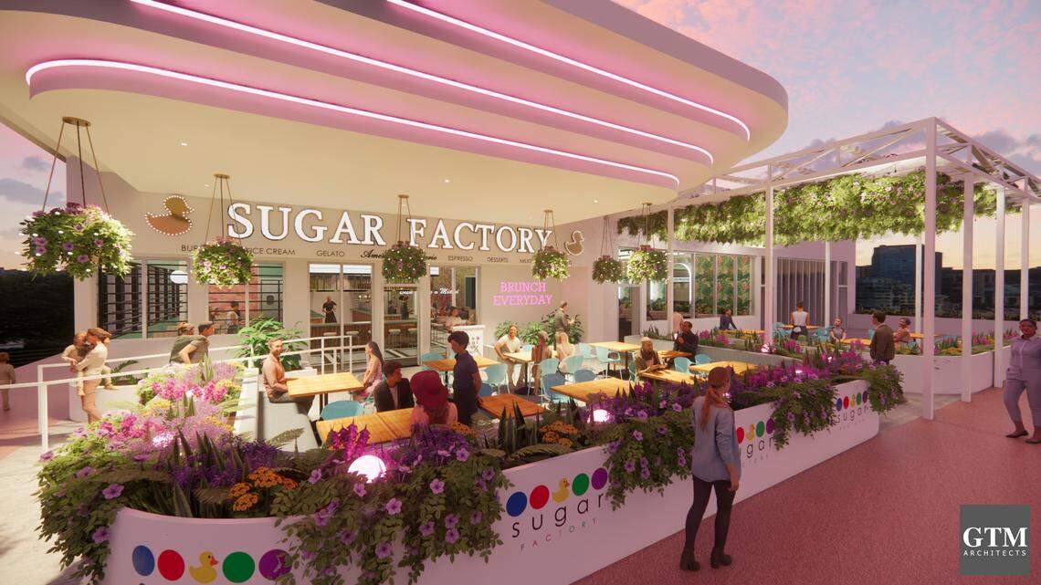 This rendering shows the plan for the outdoor space of the new Sugar Factory restaurant, which is planned for the Firestone Garage property in Miami Beach.
