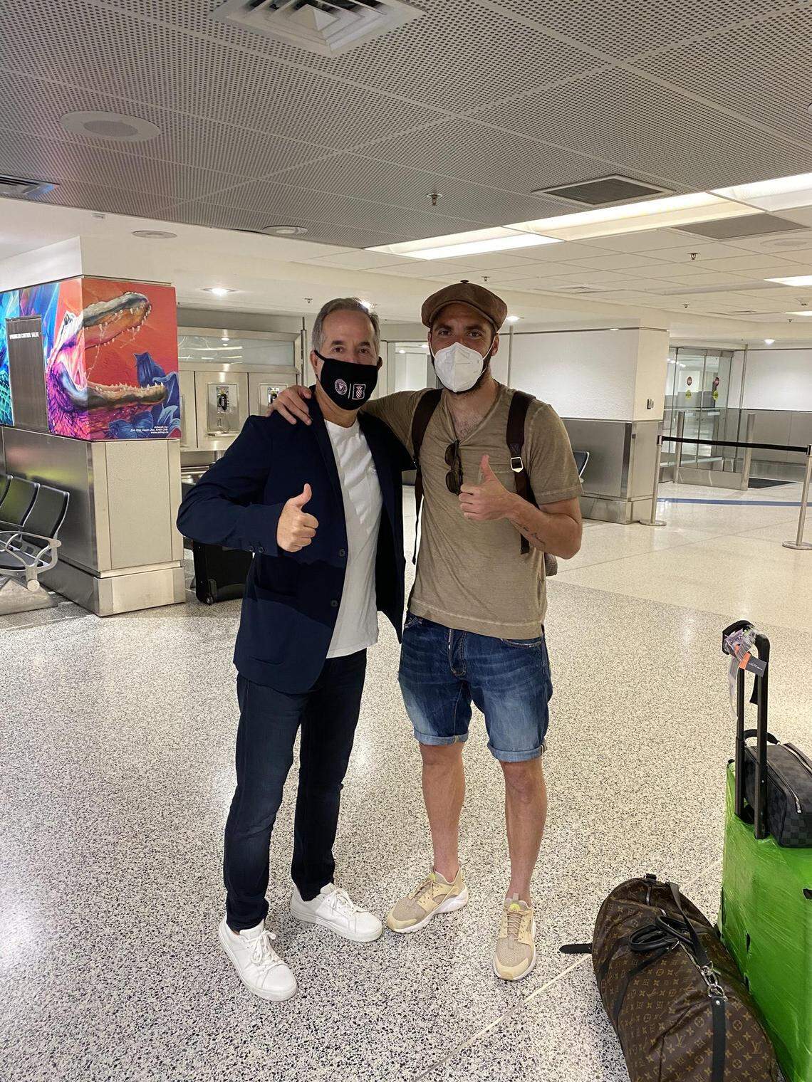 Inter Miami co-owner Jorge Mas greets Argentine forward Gonzalo Higuain at Miami International Airport Sept. 10, 2020. Higuain is leaving Juventus to join Inter Miami.
