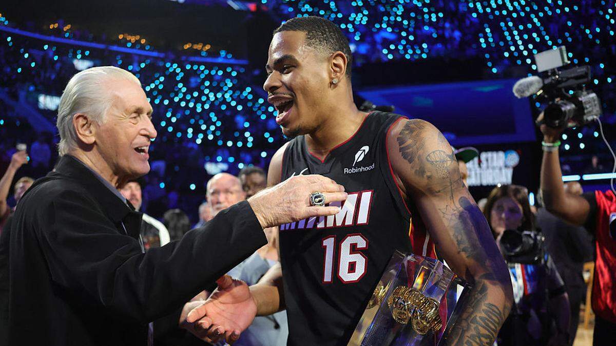Miami Heat president Pat Riley and Keshad Johnson #16 of the Miami Heat hug after the AT&T Slam Dunk Contest during 2026 NBA All-Star Weekend at Intuit Dome on February 14, 2026 in Inglewood, California.