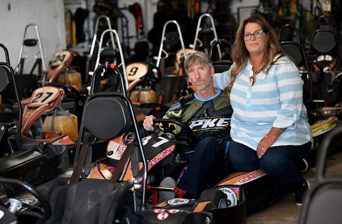 Terry and Bobbie Downs at their Pro Karting Experience go-kart track in St. Petersburg, Florida, on Tuesday, Oct. 29, 2024. The Downses lost $80,000 they paid to Coral Gables attorney Jay Farrow to represent them in a protracted lawsuit against their landlord.