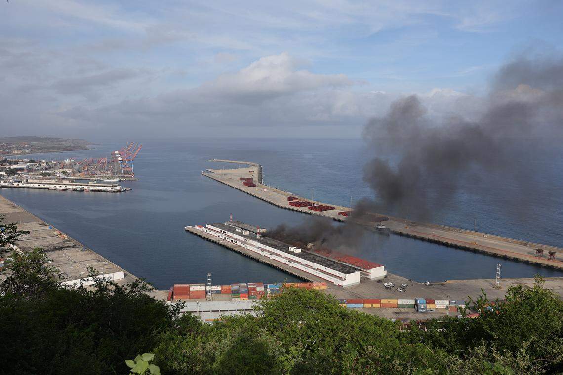 Smoke rises from Port of La Guaira after explosions and low-flying aircraft were heard on January 03, 2026 in Caracas, Venezuela.