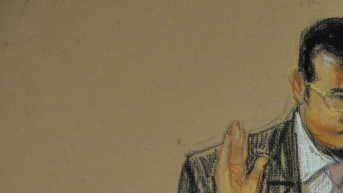 Maryland-educated Majid Khan, 32, at his guilty plea before Army Col. James Pohl, the chief military commissions judge, at the U.S. Navy base at Guantanamo on Wednesday, Feb. 29, 2012 in this drawing by pool sketch artist Janet Hamlin, cleared after a more-than three-hour showdown with a court security officer.