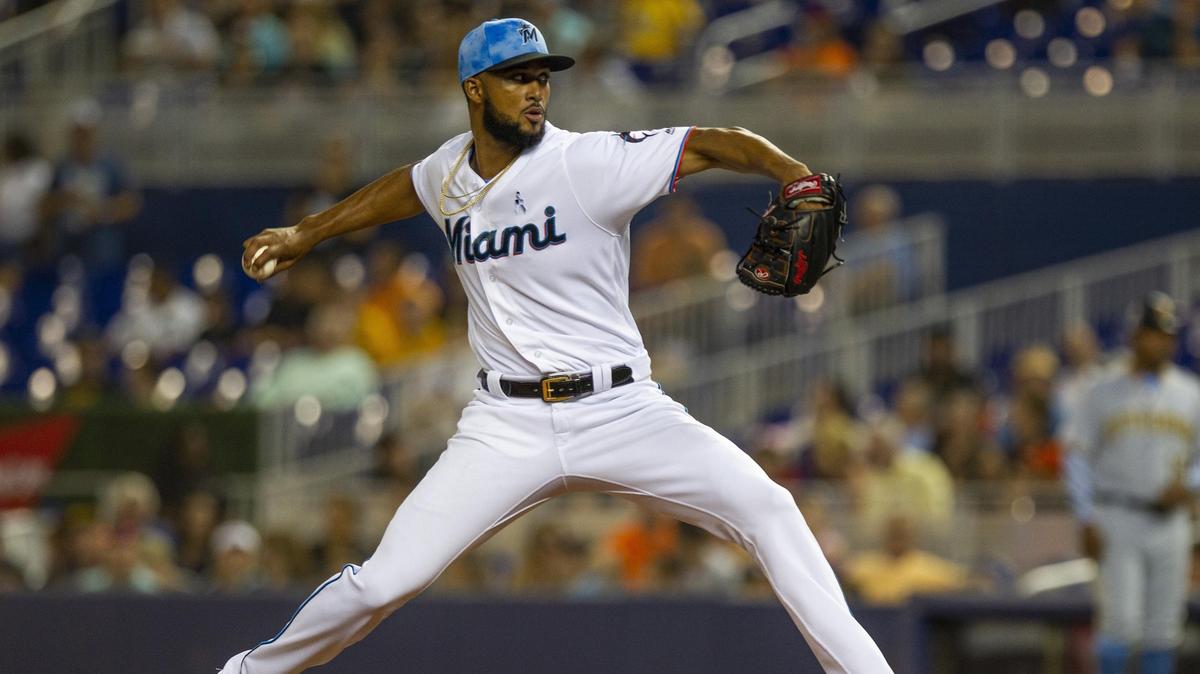 Miami Marlins pitcher Sandy Alcantara (22) throws a 97 mph four-seam fastball during a game against the Pittsburgh Pirates at Marlins Park in Miami, Florida on Sunday, June 16, 2019.