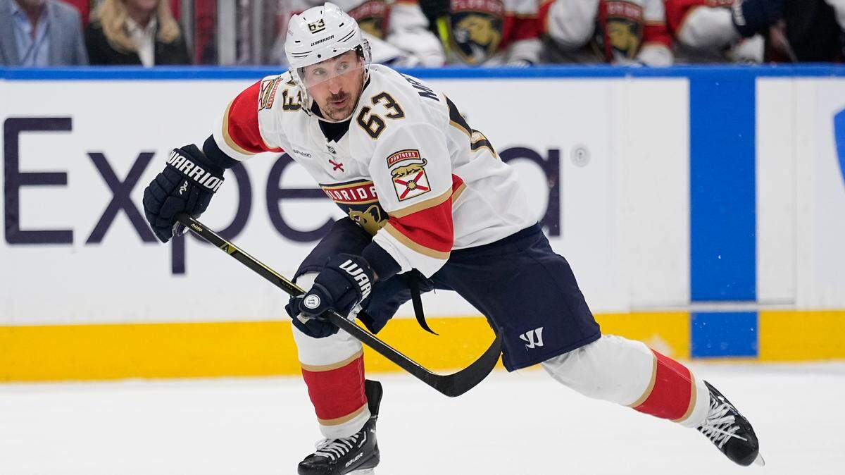 May 5, 2025; Toronto, Ontario, CAN; Florida Panthers forward Brad Marchand (63) skates against the Toronto Maple Leafs during the second period of game one in the second round of the 2025 Stanley Cup Playoffs at Scotiabank Arena. Mandatory Credit: John E. Sokolowski-Imagn Images