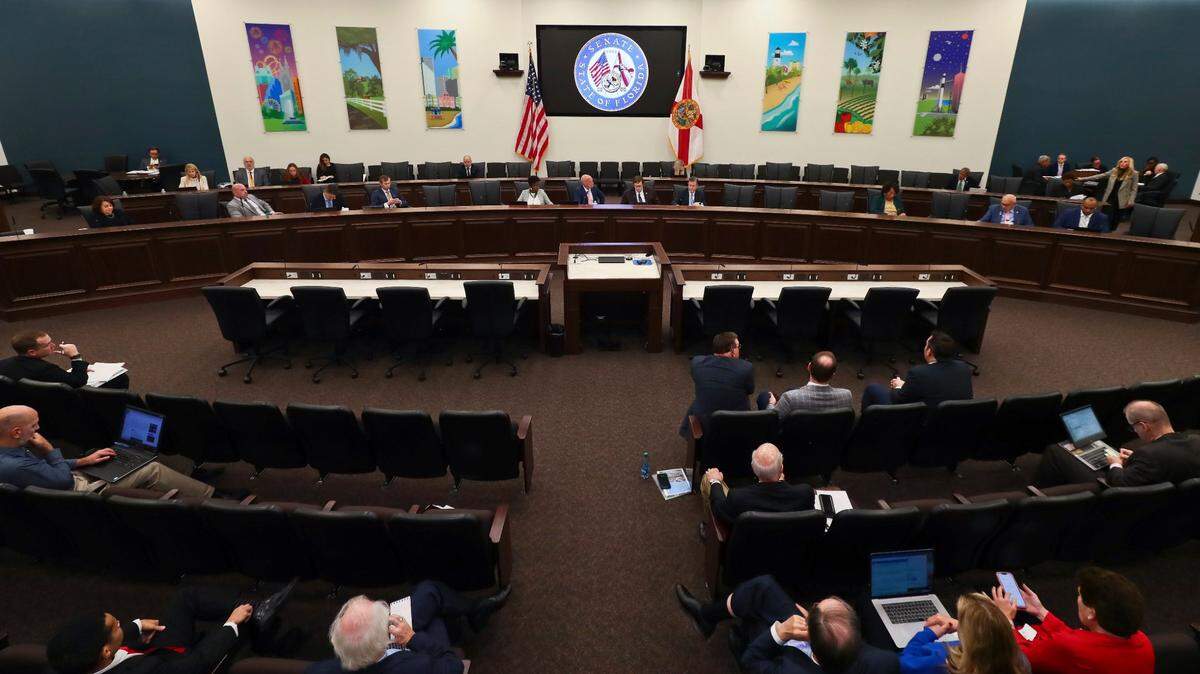 Spectators listen to the Committee on Banking and Insurance meeting Monday, Dec. 12, 2022 at the Capitol in Tallahassee, Fla.