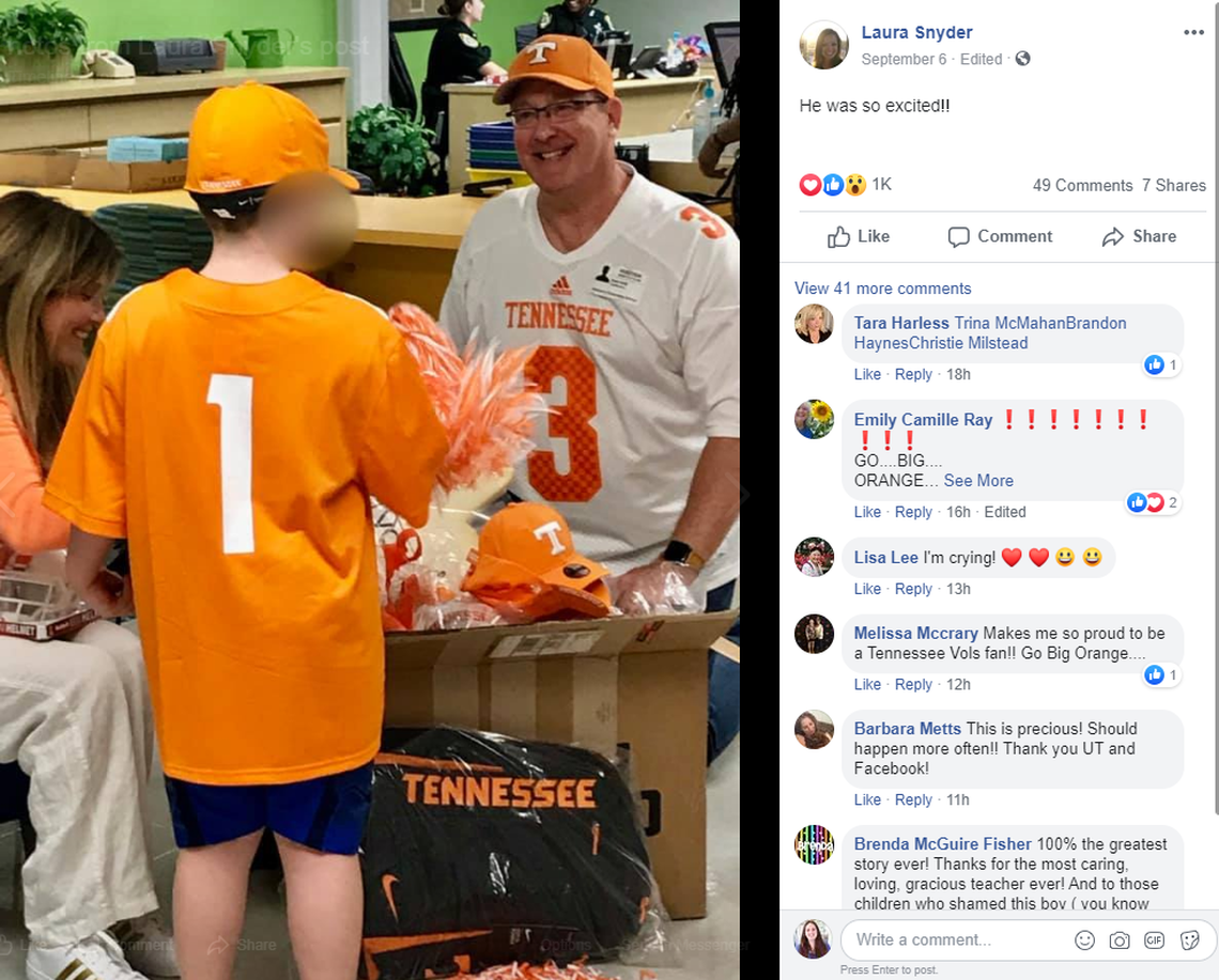 The boy immediately put on one of the jersey’s and hats the University of Tennessee sent him in a package, according to Laura Snyder.