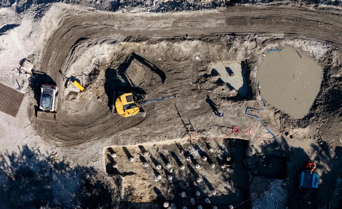 Aerial view shows construction progress on privately owned land along the Miami River on Friday, Dec. 6, 2024. Arturo Ortega, the property manager of South River Warehouse, owns the site and is in a dispute with City of Miami officials, who plan to seize it through eminent domain to create a public park honoring Simón Bolívar.