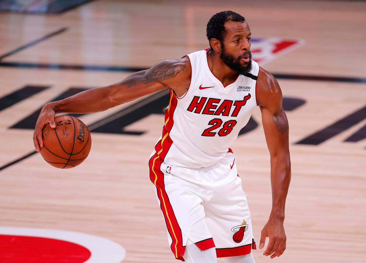 Andre Iguodala #28 of the Miami Heat handles the ball against Boston in a Sept. 25 playoff game.