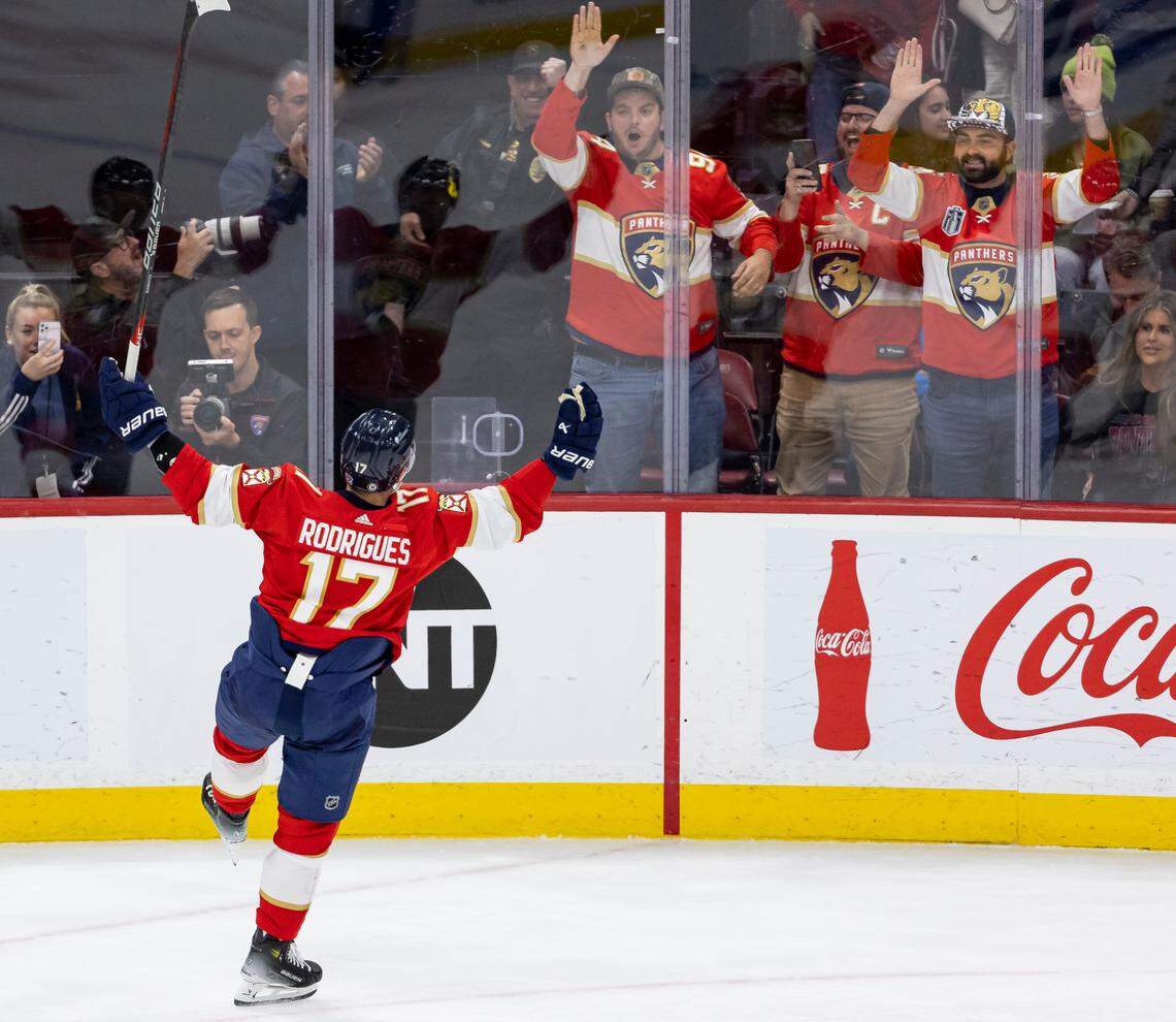 Florida Panthers center Evan Rodrigues (17) celebrates after scoring against the Dallas Stars in the third period of their NHL game at the Amerant Bank Arena on Wednesday, Dec. 6, 2023, in Sunrise, Fla.